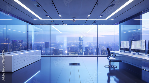 Um espaço de escritório moderno e elegante apresenta uma grande parede de vidro com vista panorâmica de uma metrópole movimentada