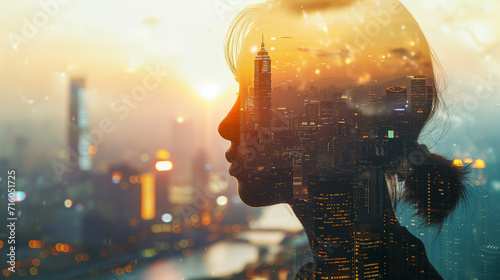 Double Exposure portrait of business woman with city skyline, corporate imagery