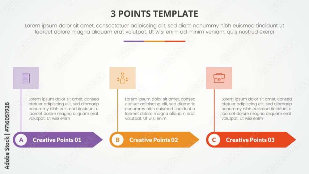 3 points stage template infographic concept for slide presentation with with 3 point list with flat style vector
