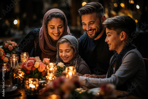 Muslim family having dinner. Ramadan and Islam concept