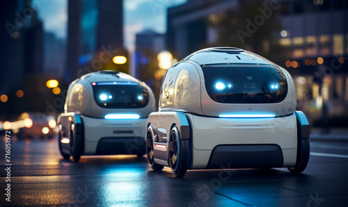 Modern intelligent delivery robots, automated smart guided vehicle delivering order around the evening city. A row of self-driving trucks. Generative AI