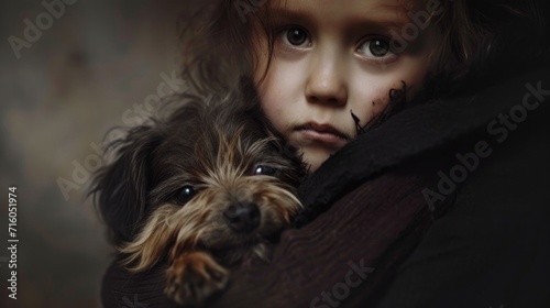 anguished child holding a dog, hopeless and alone generative ai photo