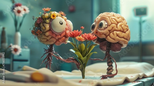 animation of a brain with eyes, giving flowers to another sick brain generative ai