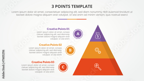 3 points stage template infographic concept for slide presentation with pyramid and circle outline point list with 3 point list with flat style