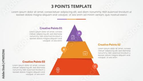 3 points stage template infographic concept for slide presentation with pyramid slice divide move wobble with 3 point list with flat style