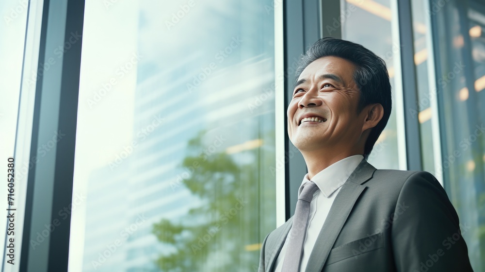 Asian middle age business man looking at the window Asian middle age business man looking at the window