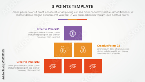 3 points stage template infographic concept for slide presentation with box rectangle pyramid structure with 3 point list with flat style photo