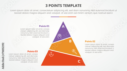 3 points stage template infographic concept for slide presentation with slice pyramid unbalance with 3 point list with flat style