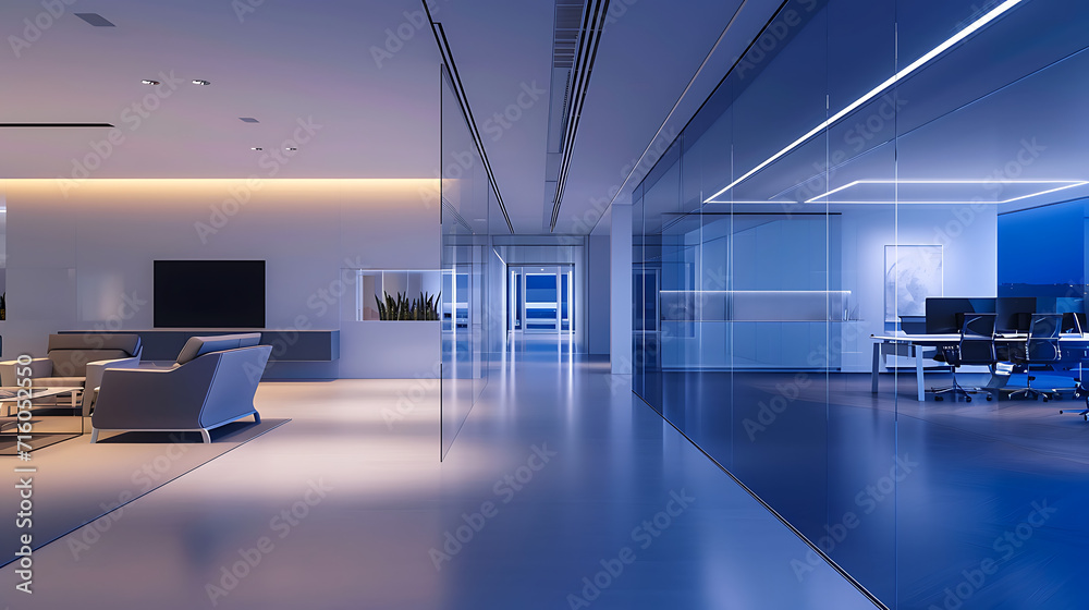 Um moderno espaço de escritório é iluminado pelo suave brilho ambiente das luzes  L E D integradas  As linhas limpas da decoração minimalista criam uma sensação de eficiência simplificada - obrazy, fototapety, plakaty 