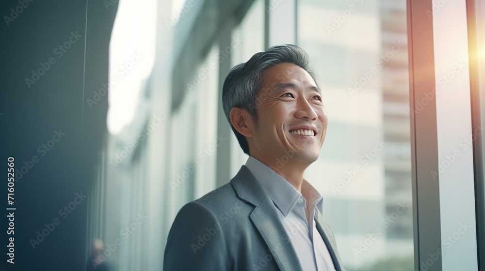 Fototapeta premium Asian middle age business man looking at the window 