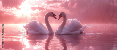 Fototapeta Naklejka Na Ścianę i Meble -  Valentines day card with two swans creating a heart shape on a pink cloudy lake and bokeh background. Love concept