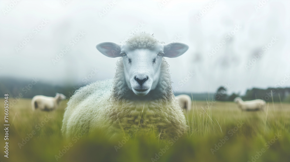 Double exposure portrait of sheep blended with tranquil meadow background