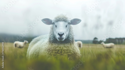 Double exposure portrait of sheep blended with tranquil meadow background
