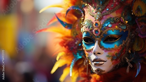 Closeup of a colorful, handpainted mask worn by a performer in the parade, representing an important mythical figure in the culture. © Justlight