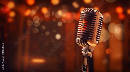 A 3D rendering of a retro microphone set against a dark stage, with bokeh lights enhancing its nostalgic allure.