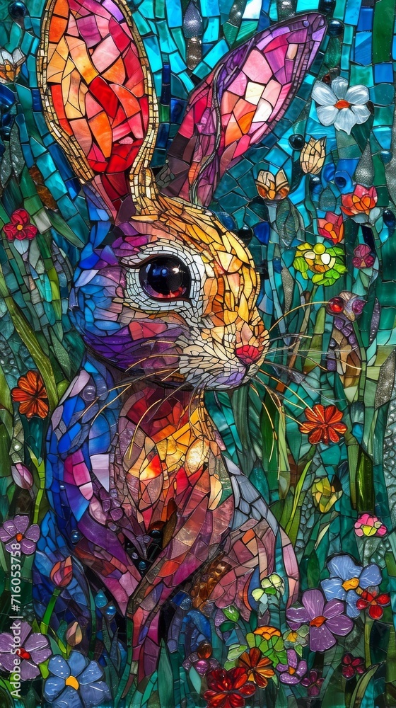 Fototapeta premium Stained glass window background with colorful rabbit abstract.