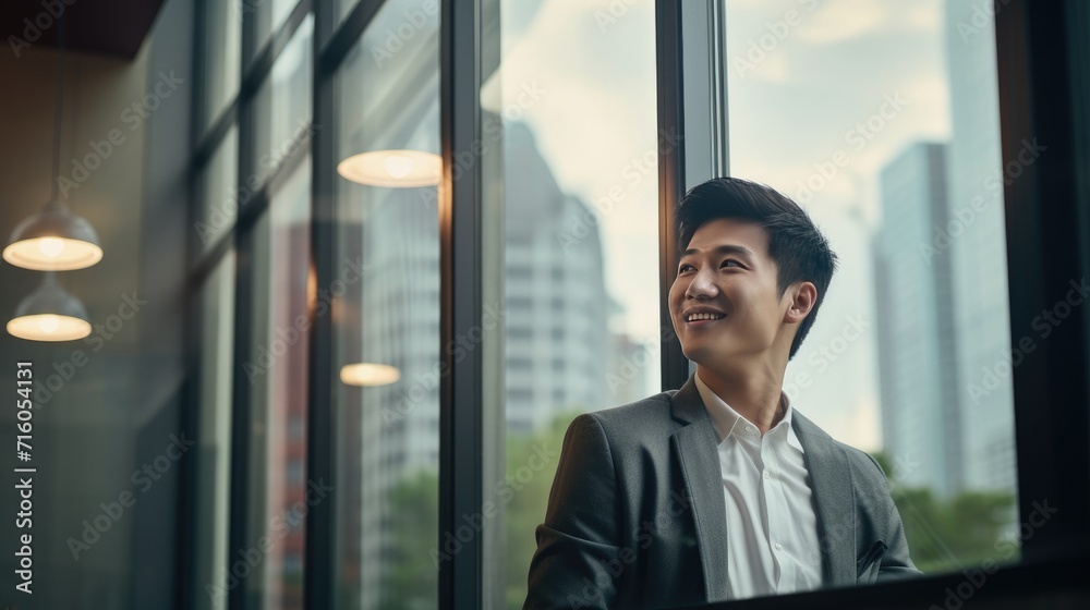 Fototapeta premium Asian young business man looking at the windows