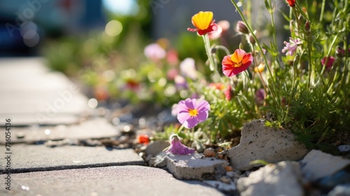 A patch of wildflowers peeking through the cracks of a concrete sidewalk, bringing a pop of color to the urban landscape. photo