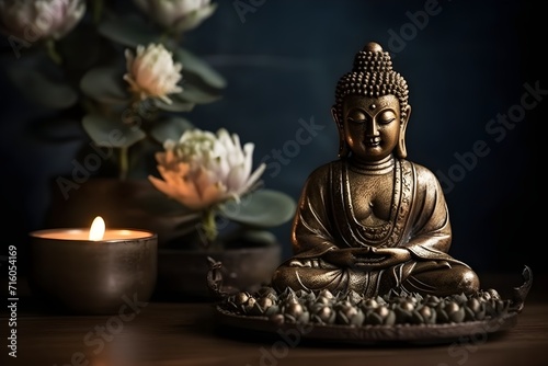 Buddha statue in meditation with lotus flower and burning candles