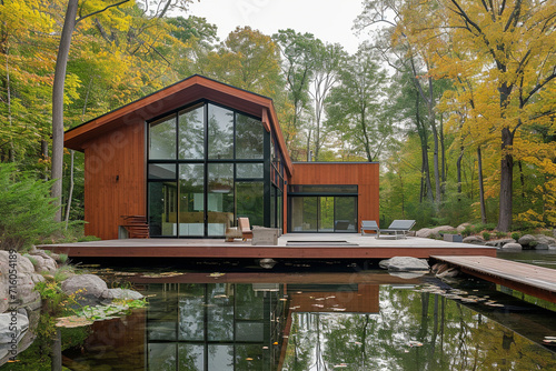 Modern lake cabin in the woods