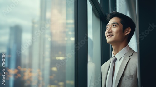 Asian young business man looking at the windows