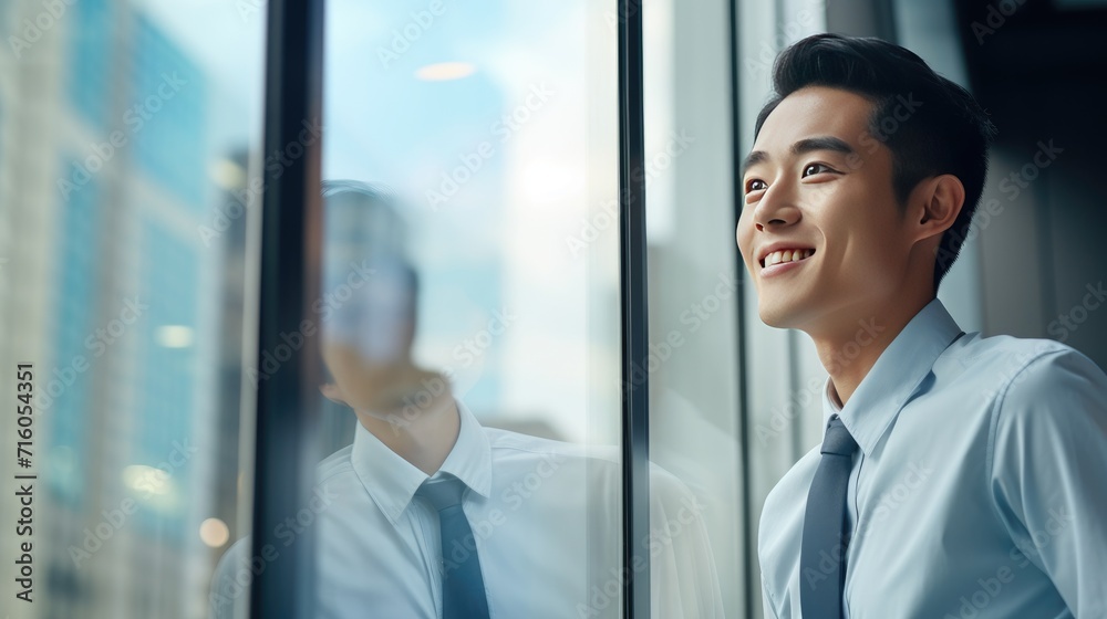 Asian young business man looking at the windows Asian young business man looking at the windows