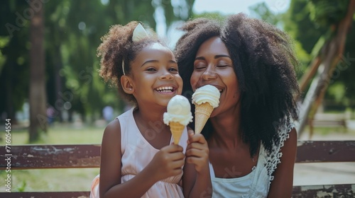 Black family  park and ice cream with a mother and daughter bonding together while sitting on a bench outdoor in nature. Summer  children and garden with a woman and girl enjoying a sweet snack