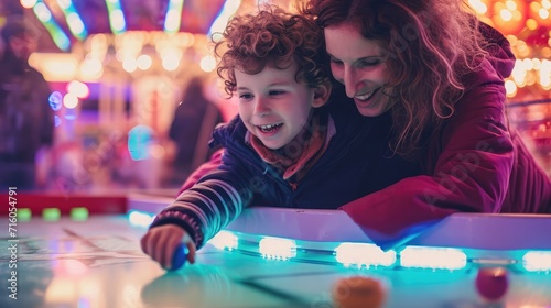 Wallpaper Mural cute Caucasian boy with curly hair with his mother playing with a puck in an air hockey in an amusement park and carousel on a weekend. Torontodigital.ca