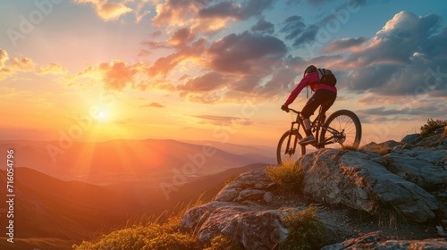 Cyclist Riding the Bike Down the Rock at Sunrise in the Beautiful Mountains on the Background. Extreme Sport and Enduro Biking Concept