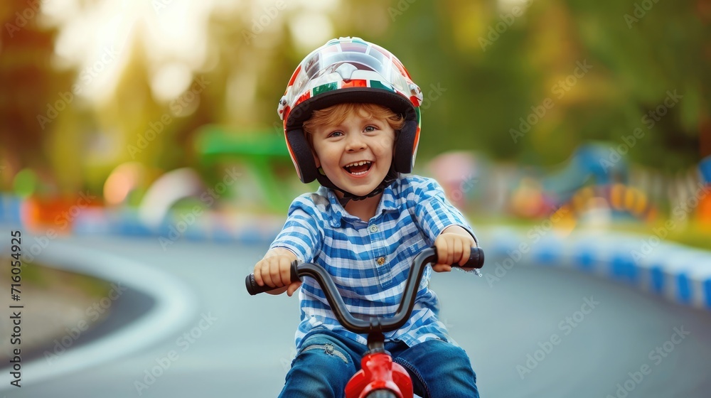 happy child boy rides a racetrack in Park in the summer happy child boy rides a racetrack in Park in the summer