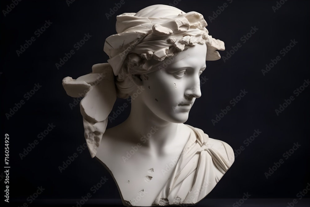 Broken ancient greek statue woman head falling into pieces