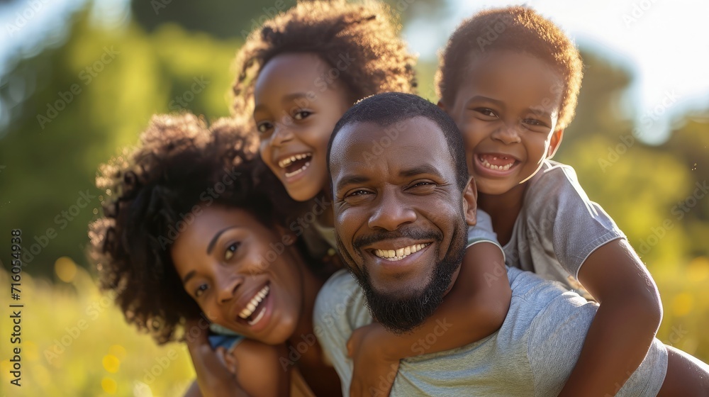 Happy mom, dad and children on piggyback ride from parents in nature park for fun, summer time bonding and outdoor family activity. Black father, mother and kids smile together while playing on grass