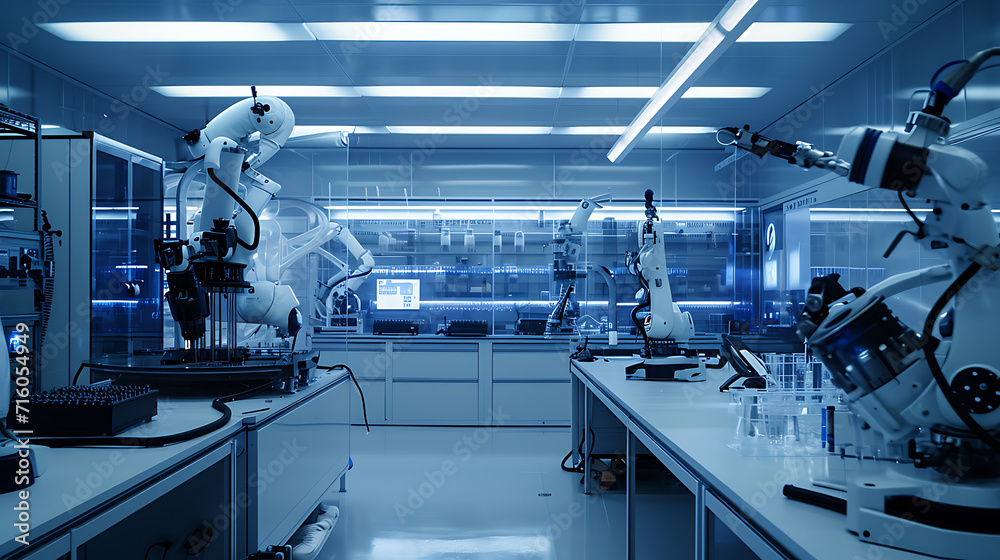 Um laboratório moderno e estéril brilha com a suave luz azul da tecnologia avançada  Superfícies metálicas e linhas limpas criam um ambiente de precisão e inovação