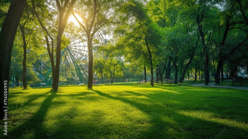 Green forest and ferris wheel with grass in the city park.