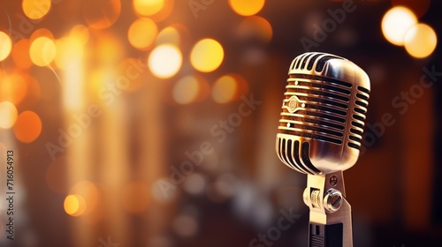 A vintage microphone, gracefully positioned on a stage with bokeh lights creating a mesmerizing atmosphere.