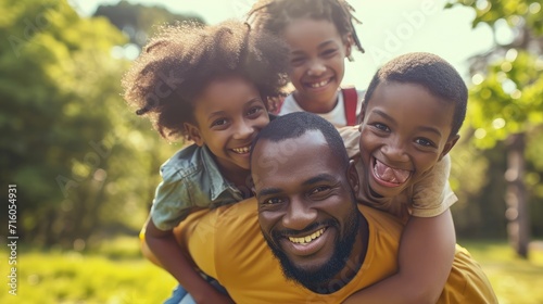 Happy mom, dad and children on piggyback ride from parents in nature park for fun, summer time bonding and outdoor family activity. Black father, mother and kids smile together while playing on grass © buraratn
