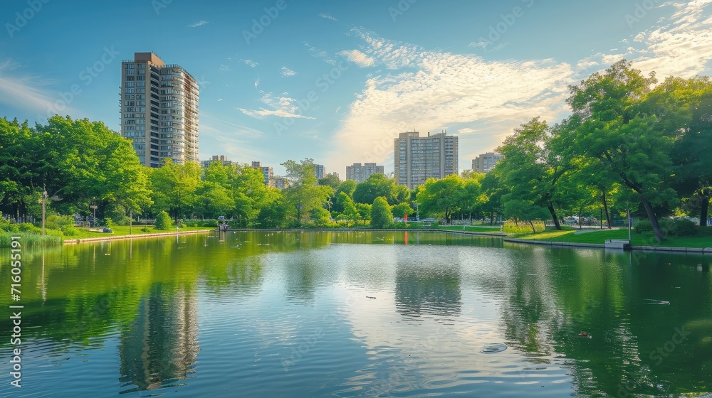 Scenic view of the park in the center of the big city in the summer. With a lagoon in the middle and green trees. In the atmosphere of evening light