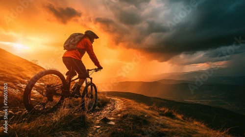 Człowiek na rowerze górskim jeździ na szlaku w burzliwy zachód słońca.