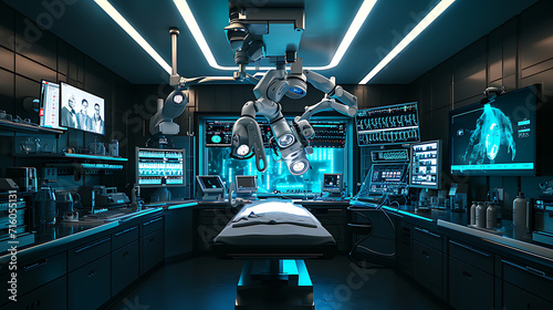 Um moderno teatro cirúrgico estéril é iluminado pelo suave brilho de telas e monitores de alta tecnologia photo