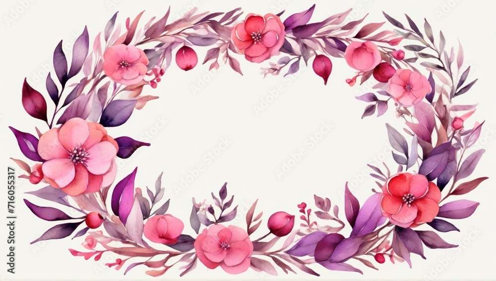 Floral ornament with bright purple and pink colors on the border, greeting card motif, wedding invitation card with blank center. Small leaves in watercolor style