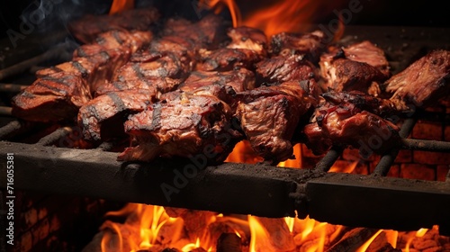 Barbecue Grill, Steaks and chops cooked on a wood fire grill.