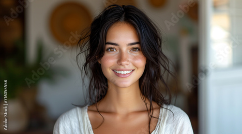 Beautiful smiling European American woman 28 years old with black hair, white v-neck women's t-shirt, white background photo