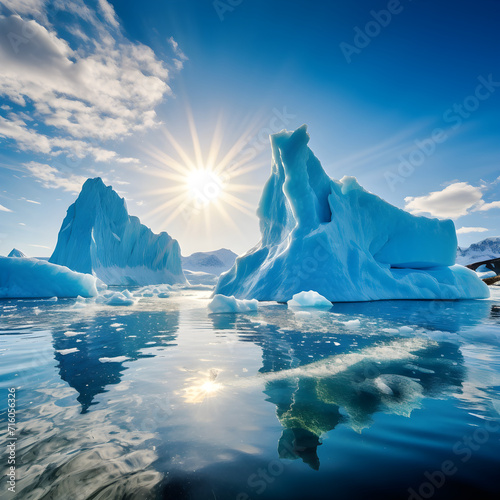 Frozen Solitude: A Breathtaking Symmetry of Crystal Icebergs under Sunlit Blue Skies © Alberta