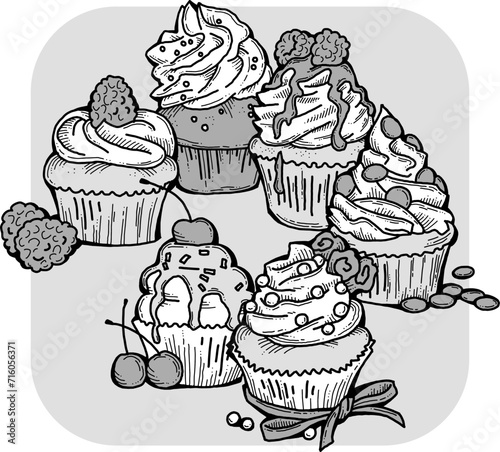 Sweet tasty dessert cupcake with cream and deco for morning breakfast in caf   or restaurant. Mini birthday cake for pleasure. Hand drawn retro vintage colorful vector illustration. Old style drawing.