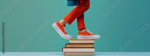 A determined student takes confident strides towards academic success, balancing their love for learning with a playful touch of red shoes on a stack of knowledge-filled books