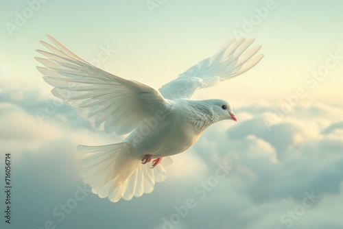 A peaceful symbol of hope soars above, a white dove spreading its wings in the vast blue sky, a reminder of the beauty and potential for peace in our world © lagano
