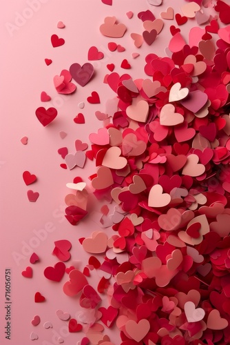 A vibrant background of pink and carmine hearts creates a whimsical scene, evoking feelings of love and joy on valentine's day, with a touch of romance from the scattered red flowers