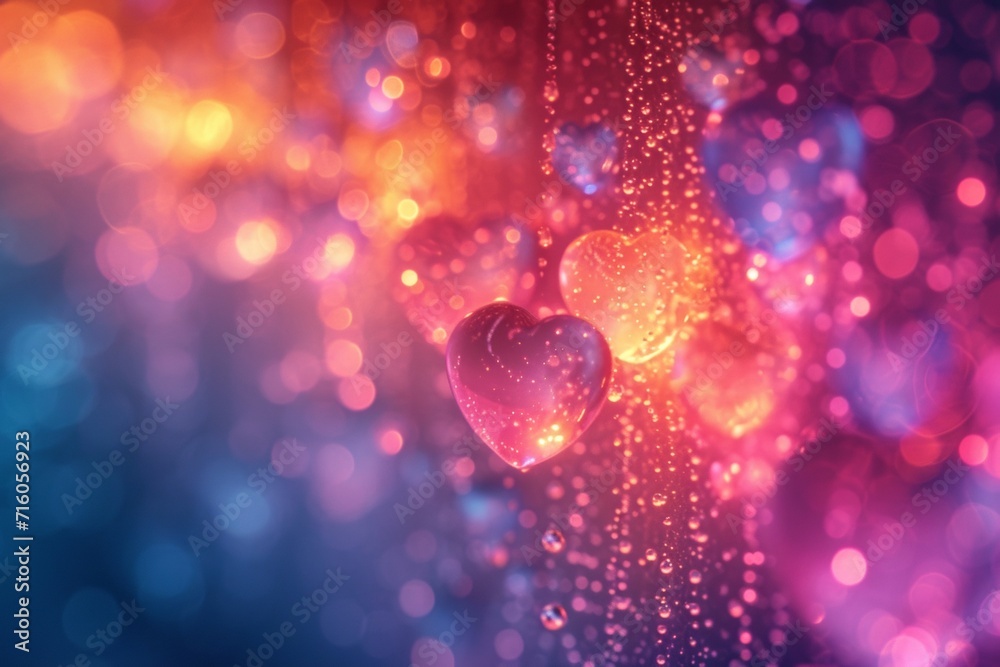 A vibrant and romantic valentine's day background featuring a group of hearts adorned with shimmering water drops, radiating joy and love with its colorful magenta hues and soft blurred lighting - obrazy, fototapety, plakaty 