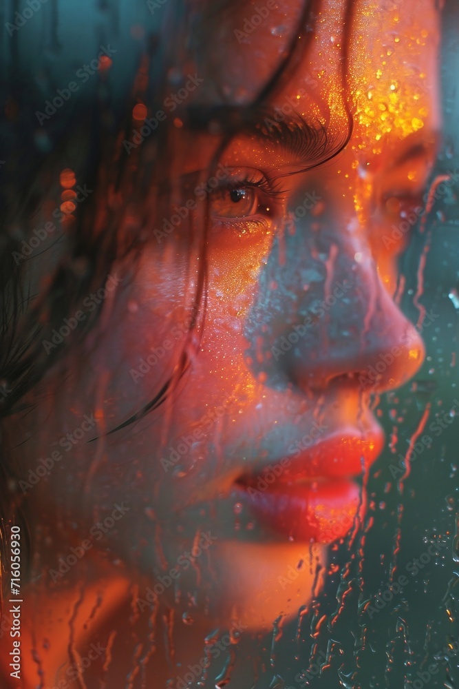 Through the blurred and distorted lens of a wet window, a woman's face is transformed into a mesmerizing painting, capturing the raw emotion and artistic beauty of a human portrait