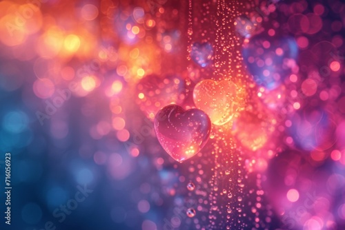 A vibrant and romantic valentine's day background featuring a group of hearts adorned with shimmering water drops, radiating joy and love with its colorful magenta hues and soft blurred lighting photo